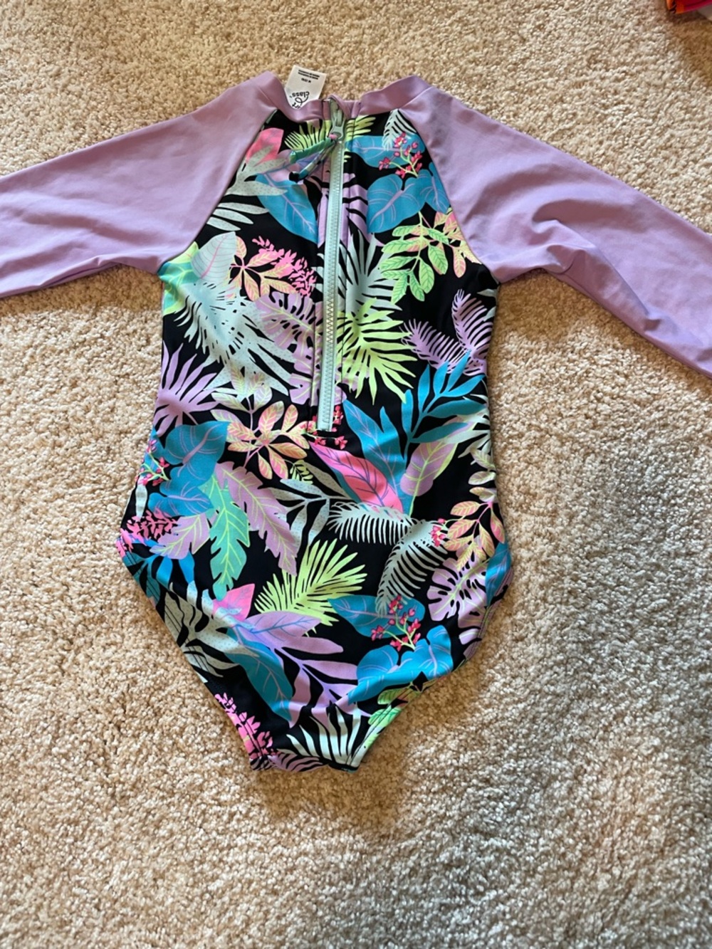 art class Lavender Sleeve Tropical Leaf Front-Zip Rashguard Swimsuit